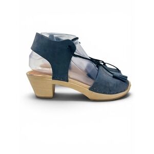 BRYR Hannah Clogs Boho Chic Size 38 US 7.5 - 8 Blue Leather Wooden Clog
